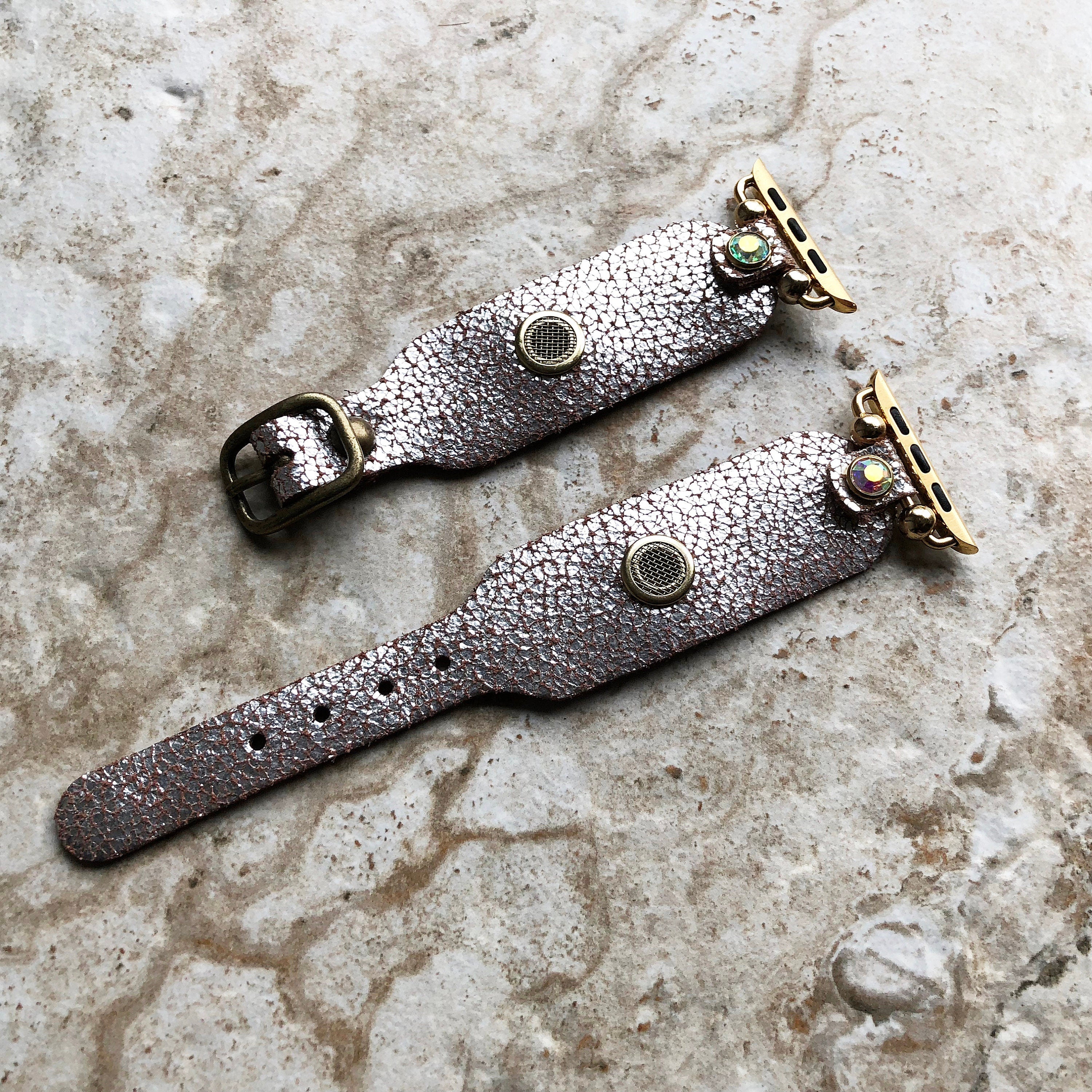 Apple Watch Band Bracelet for Ultra 2 and 9 8 Series 41mm 45mm 49mm Case Metallic Silver Cracked Handmade Leather Strap Gold Finish Crystals